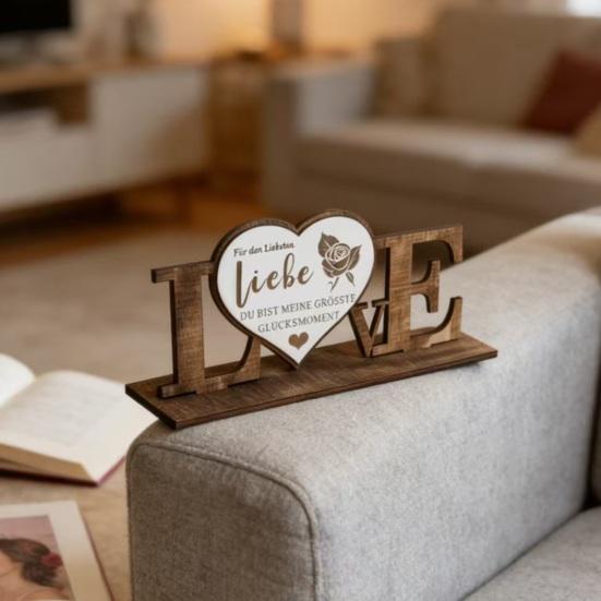 Valentine's Day Love Table Sign with Base Farmhouse Rustic Wooden Love Letter Ornament Anniversary Wedding Party Tabletop Decoration