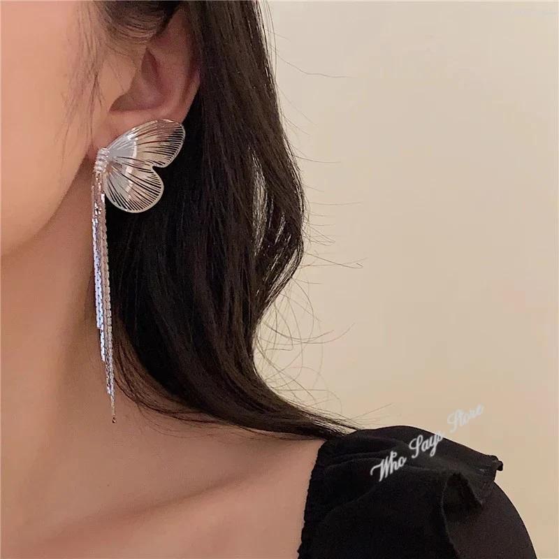 Exaggerated Rhinestone Long Tassel Earrings Trendy Metal Butterfly Wings Personalized Hanging Earrings Girl Unique Party Jewelry