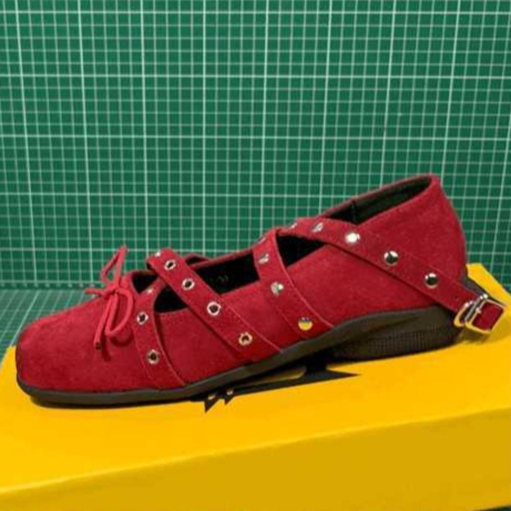 Fashion Flat Shoes for Women's Red Cross-strap Bow Pumps Women's 2025 Spring New Retro Shallow Mouth Rivet Ballet Flats Ladies Shoes