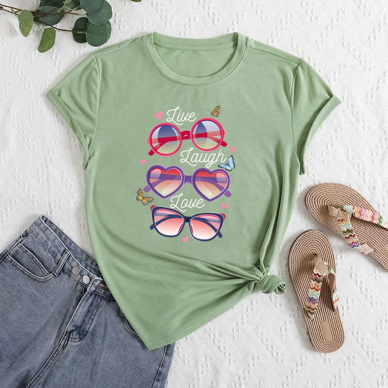 Sommer Damenbrillen Bedruckte Lockere Rundhals Freizeit Reine Baumwolle Kurzarm T-Shirts Damen