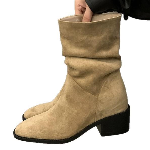 Retro stacking boots women's summer and autumn 2025 new thin khaki Martin boots thick heel photo cowboy short boots women