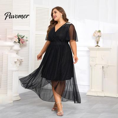 Elastic Waist Dress Plus Size Women V-Neck Short Sleeve High Flowy Hem Midi Solid Color Casual Evening Romantic Embroidered Gown