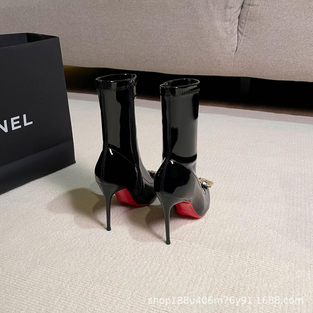 [Produs nou] Toamnă-iarnă 2025 cizme scurte cu toc înalt și vârf, cu cataramă H cu strasuri, cizme subțiri din piele brevetată franțuzească pentru femei, pantofi cu fermoar lateral