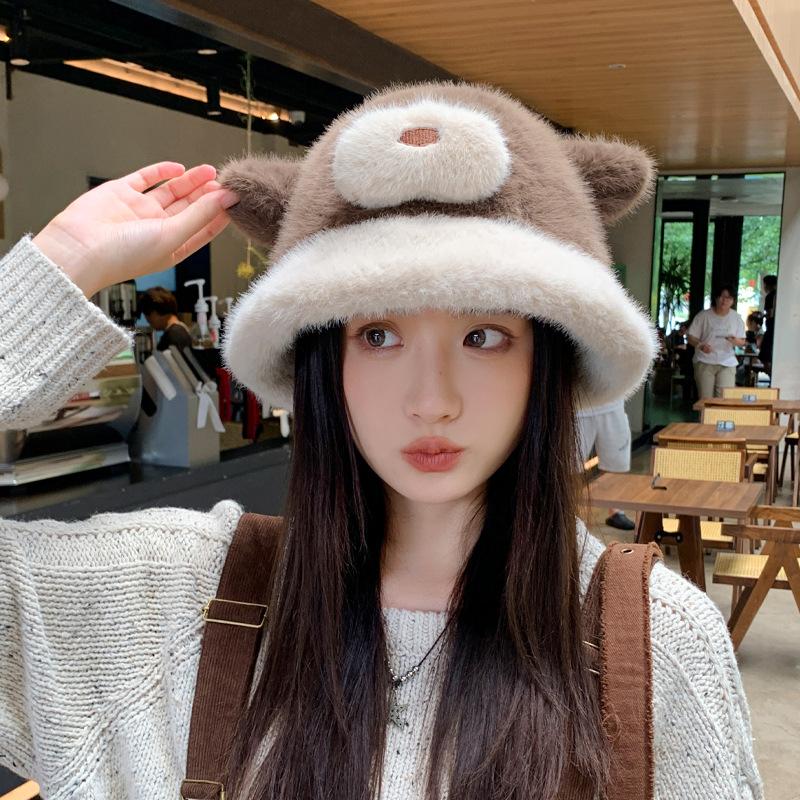 Female Autumn And Winter Big Head Circumference Plush Basin Hat Cute Face Small Warm Hat Autumn And Winter Warm