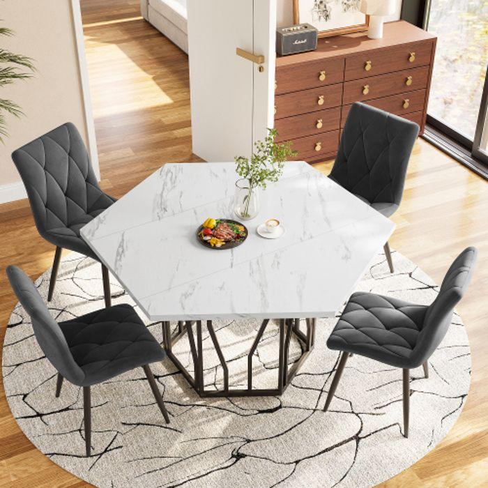 Ensemble salle à manger - Moderne - Table hexagonale en marbre - 4 chaises en velours gris - 5 pièces