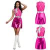 Women Disco Outfit Sleeveless Back Invisible Zipper Printed Bodice Side Slit Metallic Dress with Neckerchief for Halloween Cosplay Theme Party
