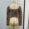 Mode Langarm Slim Fit Leopardenmuster Sexy T-Shirt Frauen Tops Kordelzug Quadratischer Kragen Elegantes Cropped T-Shirt Damen Vintage Casual Tees 25901