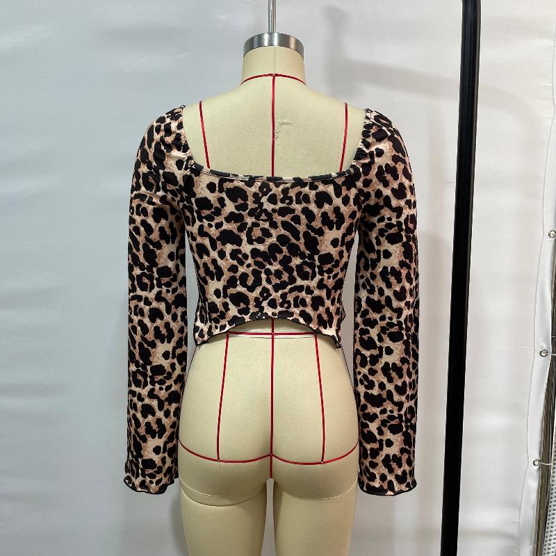 Mode Langarm Slim Fit Leopardenmuster Sexy T-Shirt Frauen Tops Kordelzug Quadratischer Kragen Elegantes Cropped T-Shirt Damen Vintage Casual Tees 25901