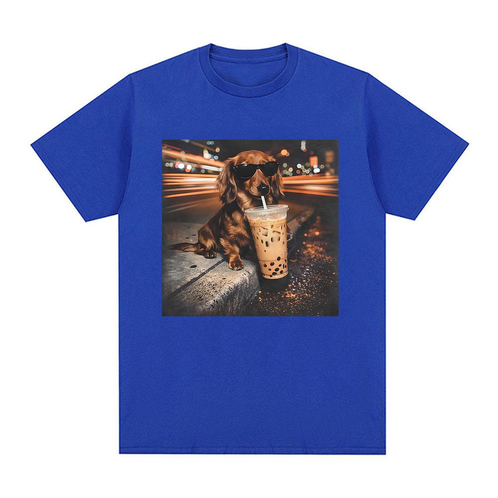 Lustiges Dackel trinkt Eiskaffee Meme T-Shirt Unisex Cooles Mode Retro Kurzarm T-Shirts 100% Baumwolle T-Shirt Streetwear