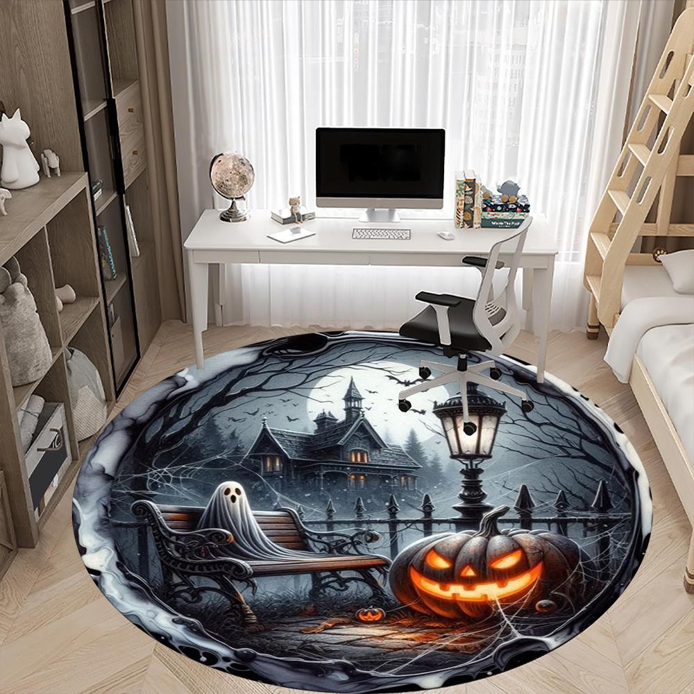 1pc Haunted House Scene Chair Carpet for Office, Round Polyester Mat, Indoor Decor for Office, Easycare Fabric, Washable Non-slip Area Carpet