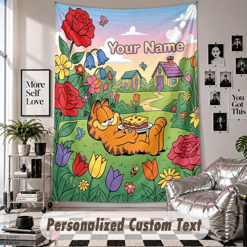 Wall Hanging Tapestry With Custom Name & Text, Garfield Decorative Tapestry For Bedroom