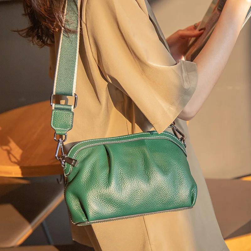 Genuine Leather Pleated Casual Bag for Women Crossbody Cloud Purse Soft Cow Leather Lady Shoulder Bag Small Hobo Handbags