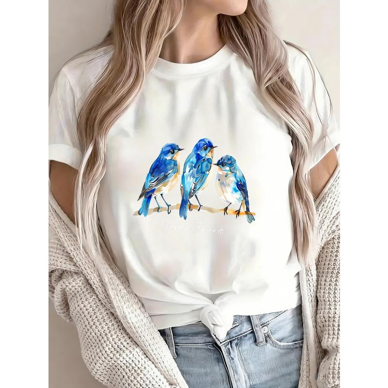 White T Shirt With Blue Birds Print For Casual Wear