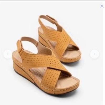 Sandals Women's Summer 2025 New European and American Wedge Heel Sewing Line Breathable Velcro Hollow Mother Shoes Foreign Trade Women's Shoes