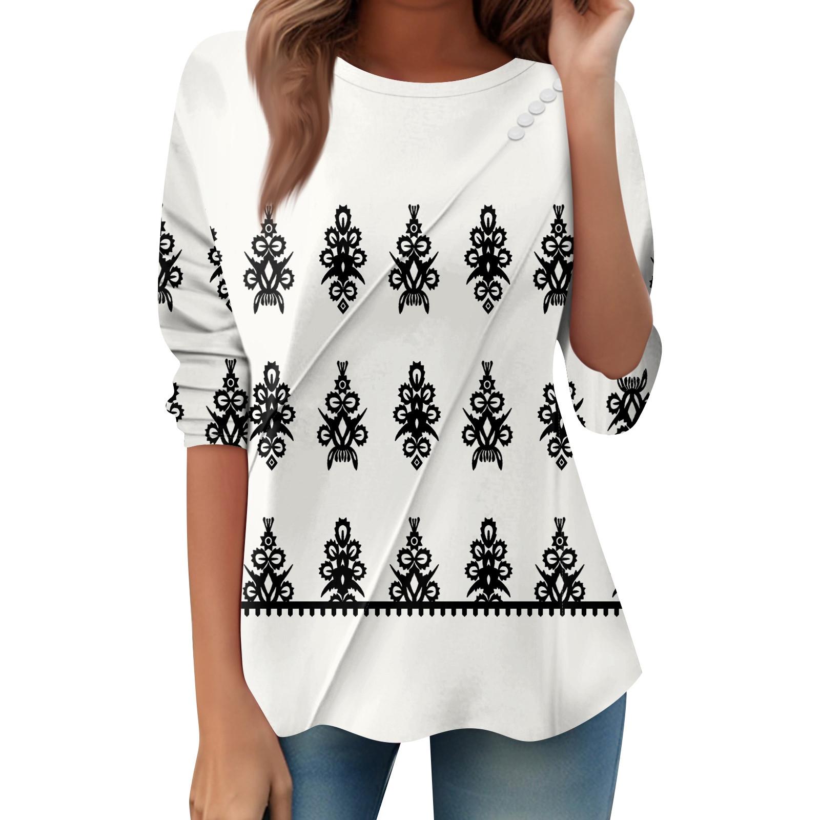

Women s Loose Casual Long Sleeve Top Round Neck Button Pull Stripe Prints T Shirt L білий