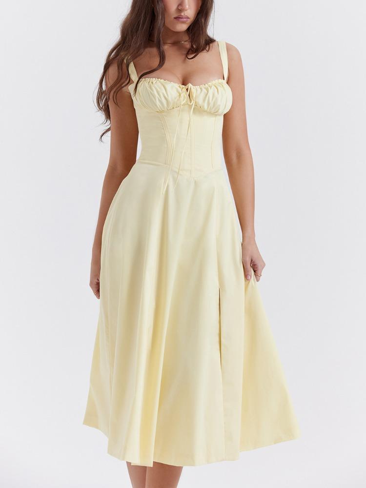 

Элегантное однотонное платье на подтяжках, женские модные тонкие платья без рукавов на шнуровке, новые летние шикарные женские клубные платья для вечеринок S светло-желтого