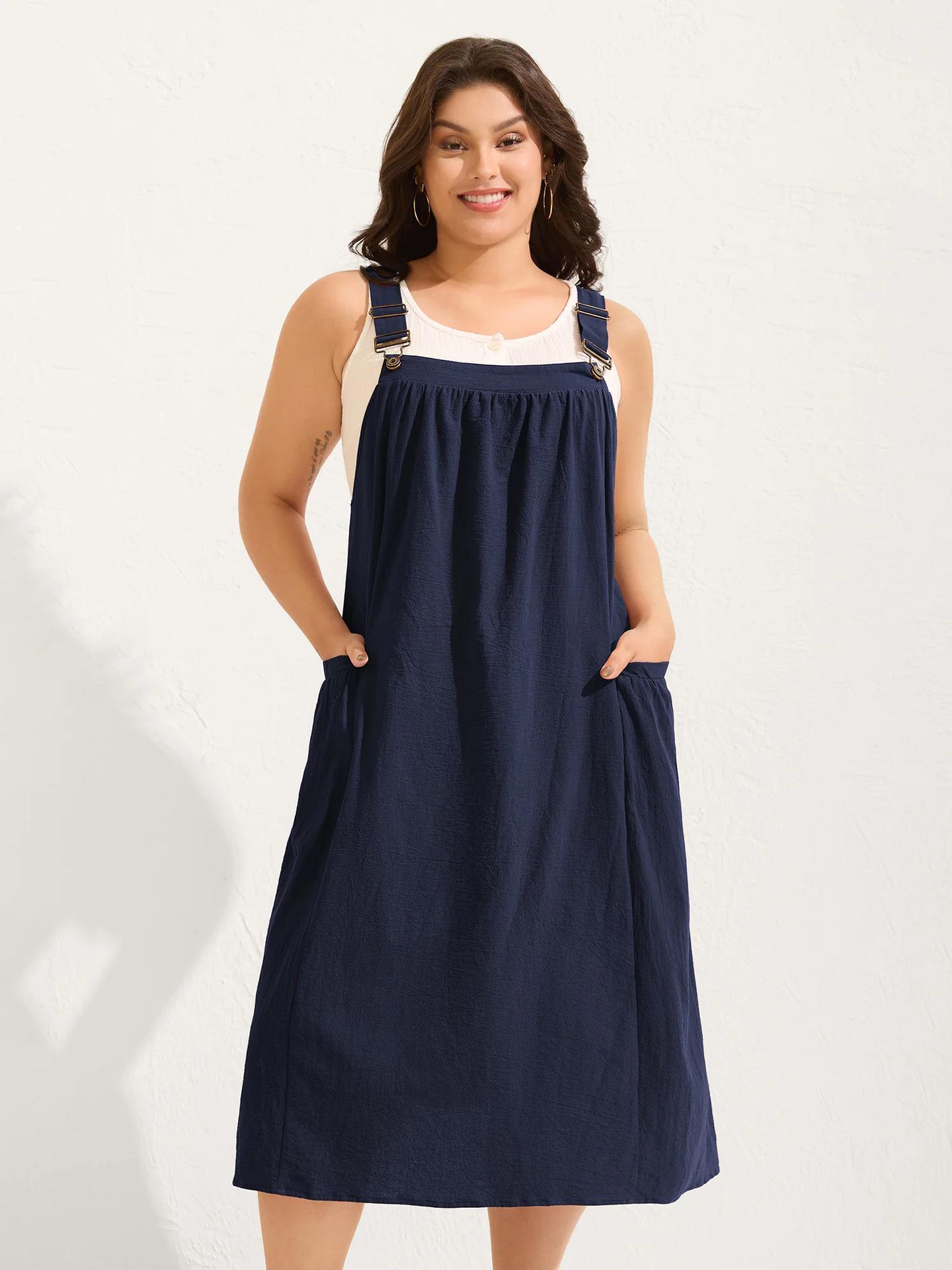 

European Plus Size Cotton Pleated Dress with Pockets M темно-синий