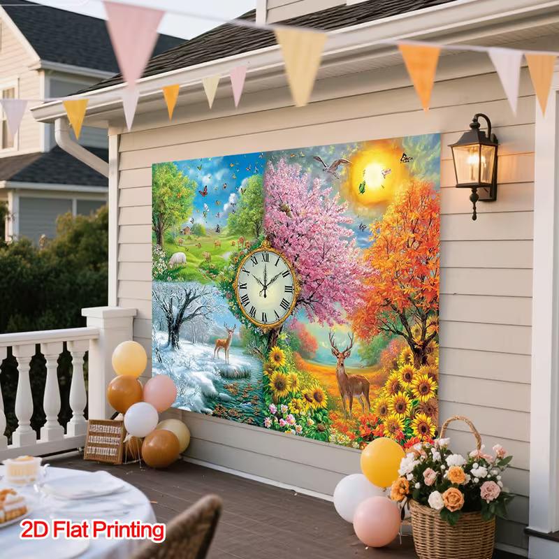 2D Four Seasons Clock Backdrop, Spring Summer Autumn Winter Nature Scenes