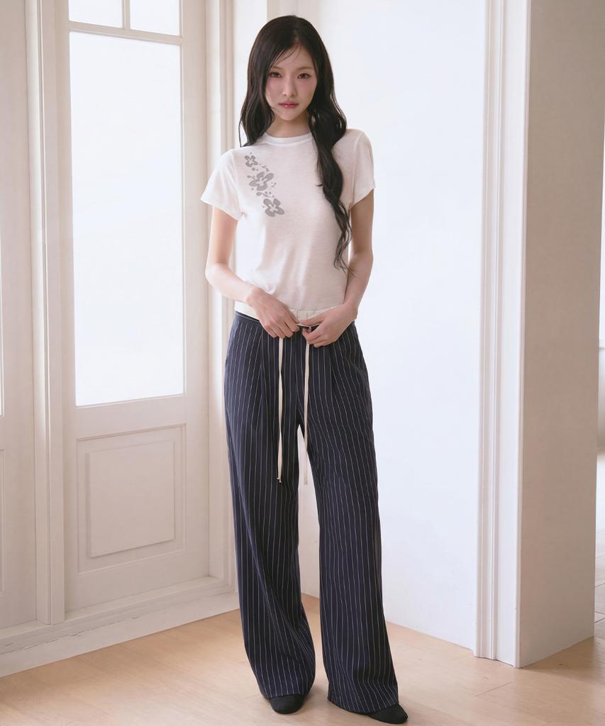 THE GREEN LAB Double Waist Striped Slacks [Navy]