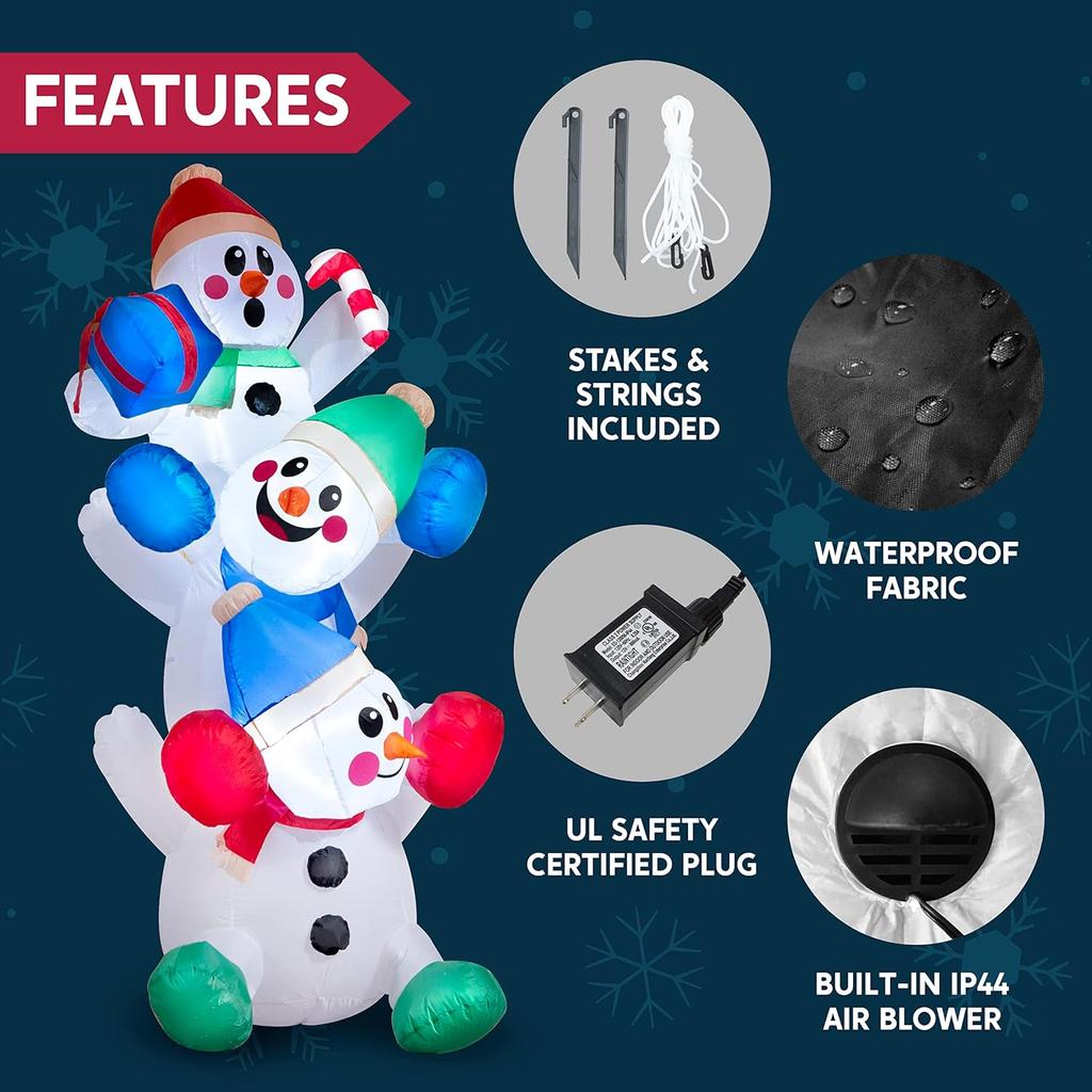 JOYFY 6 FT Christmas Inflatable Decoration Stacked Snowman with Build-in LEDs Inflatables for Xmas Party Home Christmas Décor