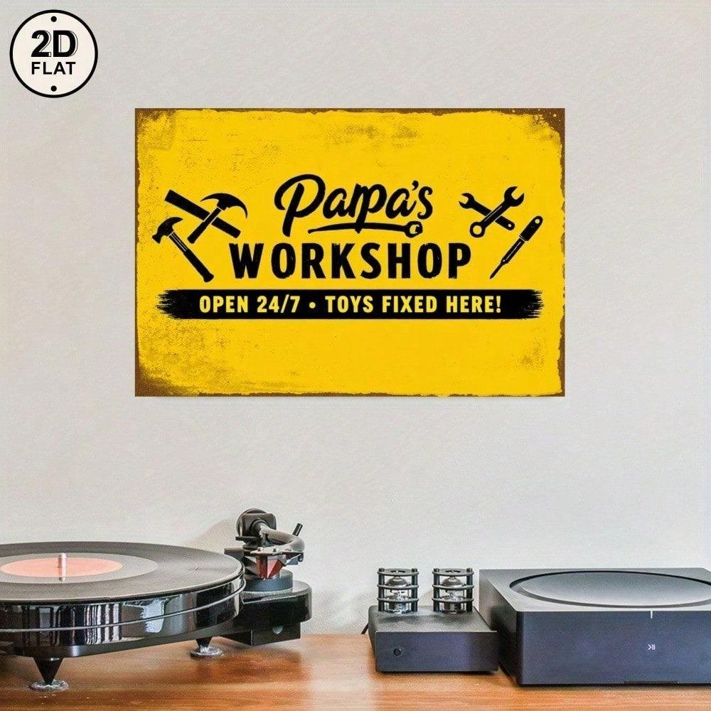 Vintage Papa's Workshop 2D Metal Sign Rustic Garage Wall Art For Men Dad Antique Flat Decor No Electricity