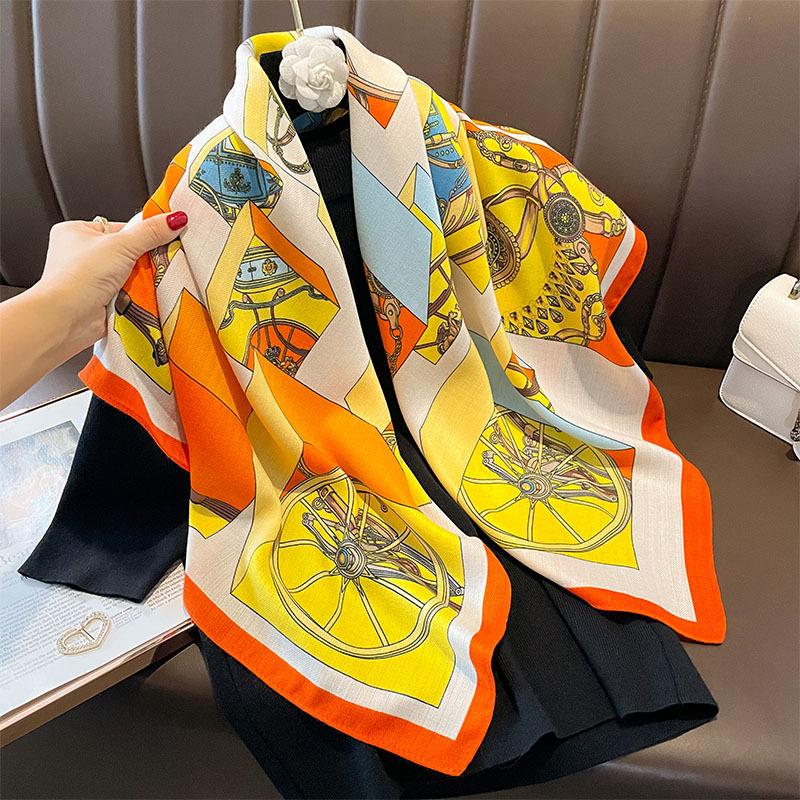 Model Of Imitation Silk Women Carriage Pattern Fashionable Large Square Scarf With Multifunctional Headscarf