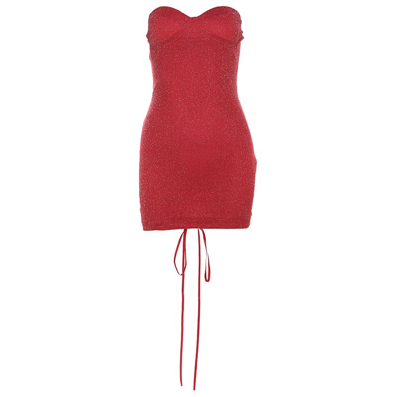 

Weird Puss Fashion Sexy Style Red Thin and Glittering Tube Top Dress Women s Sexy Silm Waist Hip Skirt Red L