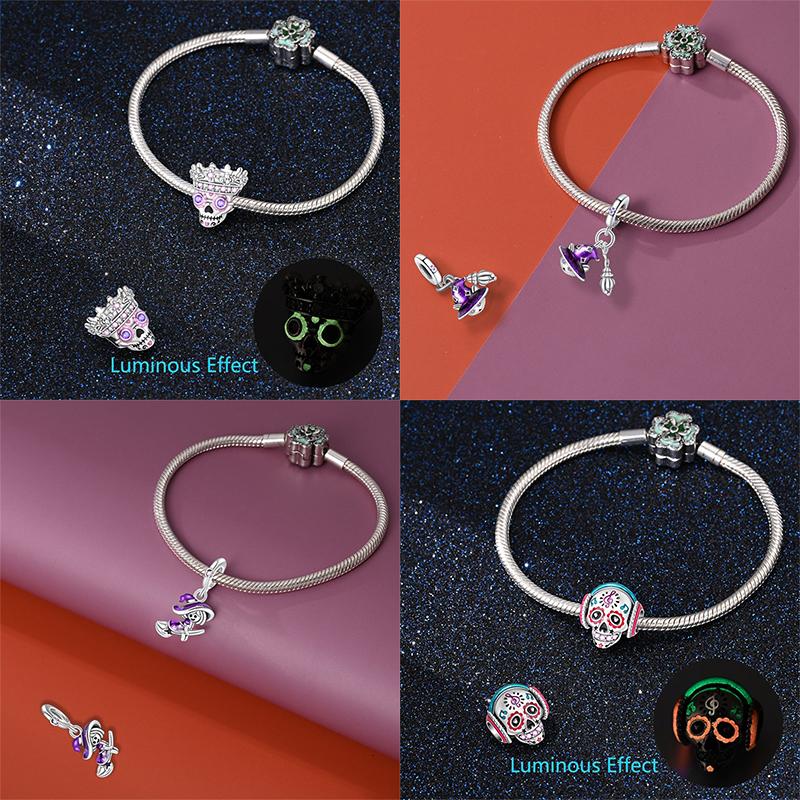 New 925 Silver Luminous Halloween Skull Witch Pumpkin Candy Charms Beads Fit 3mm Original Bracelets Party Jewelry