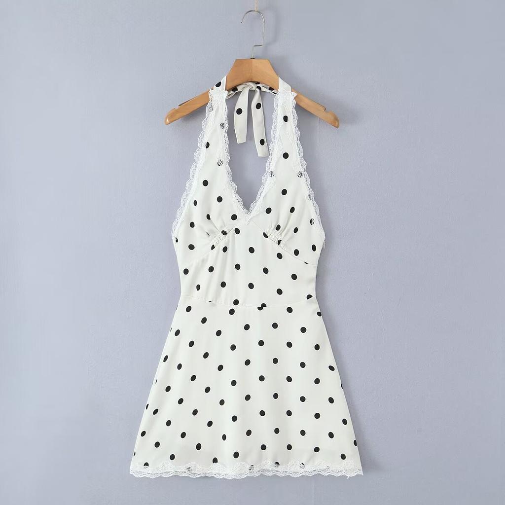 American Spice Girl V-Neck Lace Splicing Polka Dot Neck Suspender Dress Women's Summer Slim Sexy Skinny Short Skirt