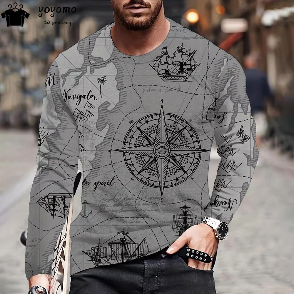 Pánské tričko s dlouhým rukávem s vintage potiskem, kulatý výstřih, pánské oblečení, 3D potisk, vintage grafická trička, prodyšná trička pro muže