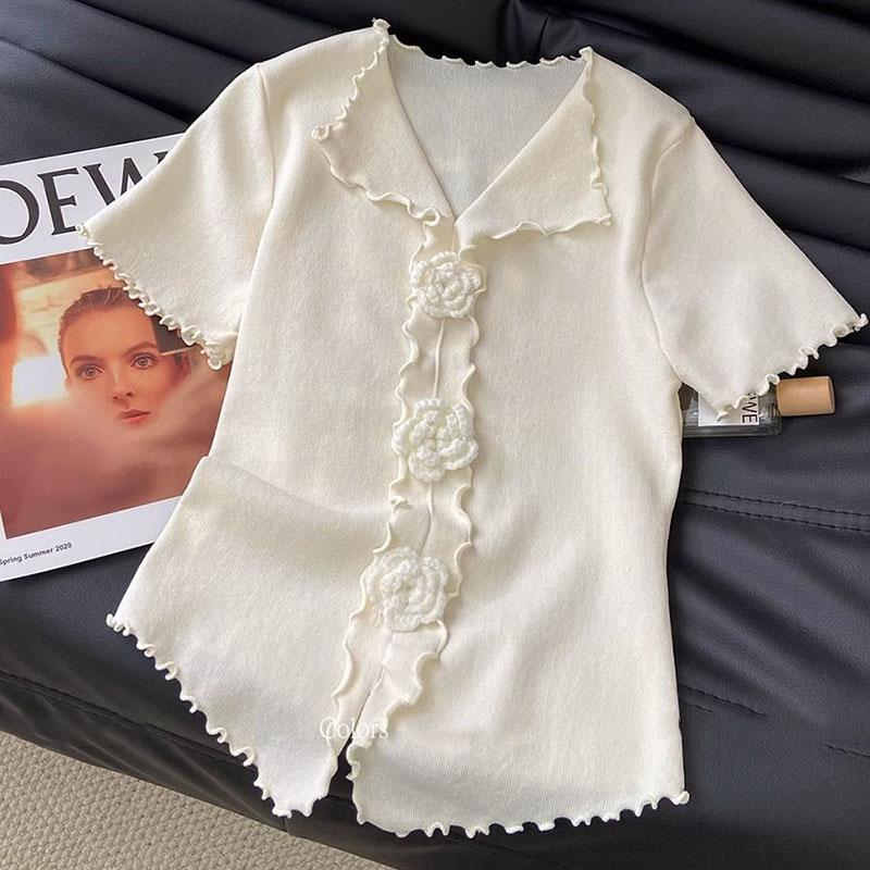Ice Silk Knitted Sweater Women's Spring Summer New Slim Fit, Three-dimensional Flower Fungus Edge V-neck Short Sleeved T-shirt