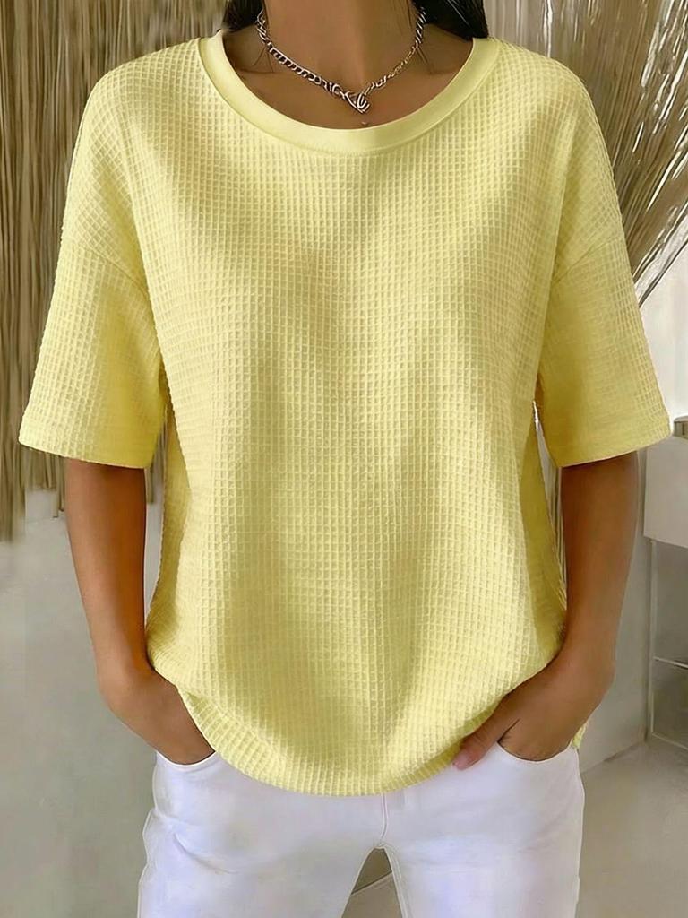 2026 Summer New Fashion: Simple Solid Color Waffle Knit Round Neck Short Sleeve Top