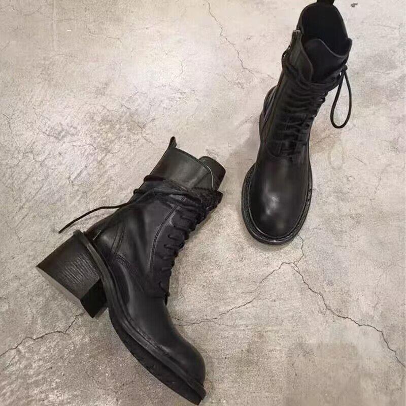Ann Locomotive Martin Boots Female New Student Versatile Medium Boots Thick Heel Leather Single Boots