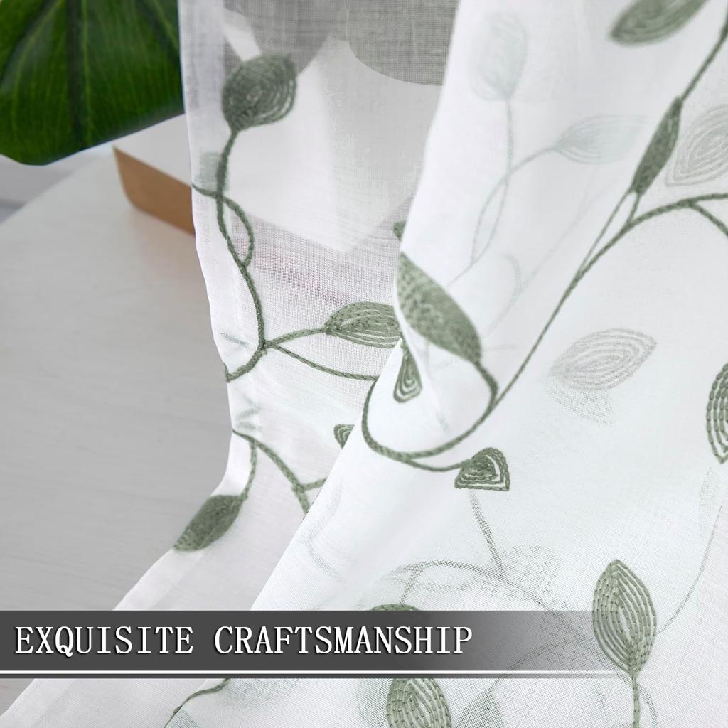 Tollpiz Leaves Short Sheer Curtain Sage Green Leaf Embroidery Living Room Curta Rod Pocket Voile Faux Linen Embroidered Leaves Curtain for Bedroom,