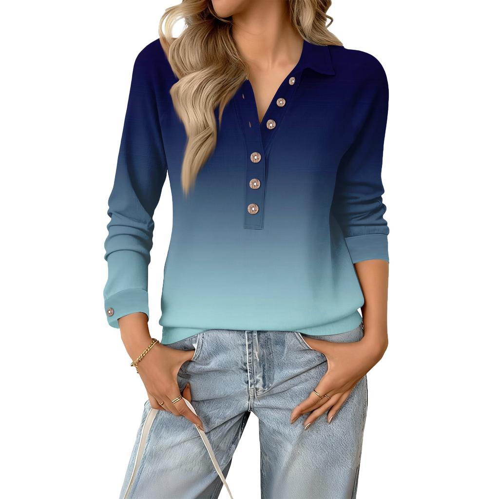 Women's Retro Street Lazy V,neck Long Sleeve Button Gradient Pullover Top
