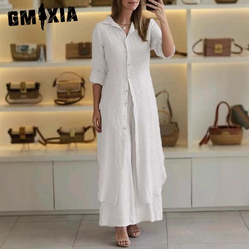 GMXIA Women's Summer, Spring and Autumn Elegant Cotton and Linen Slim Waisted Long-sleeved Wide-legged Trousers Suit