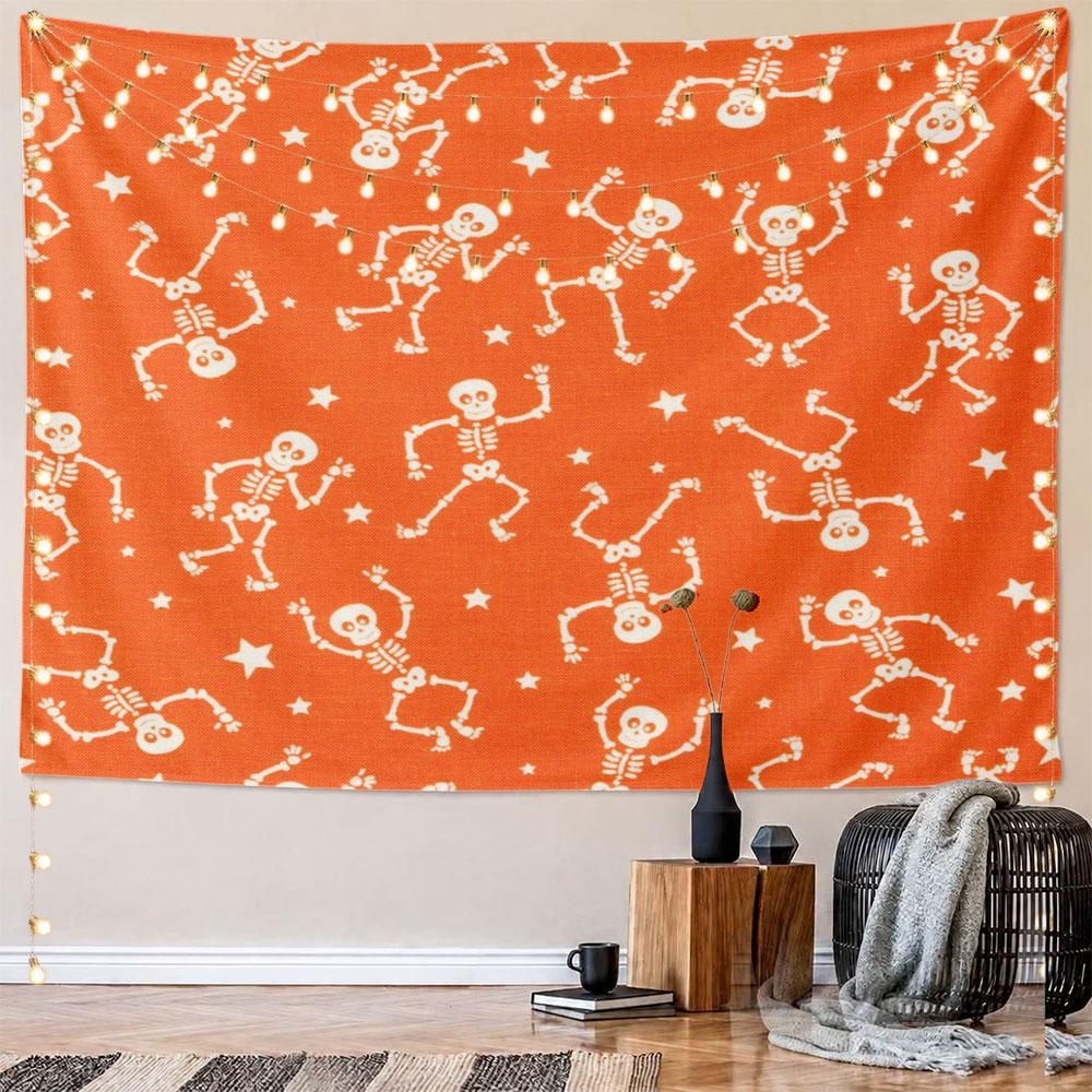 Dancing Skeletons on Orange Background Pattern Wall Hanging Tapestry Decorative Tapestry Home Decor for Bedroom and Living Room