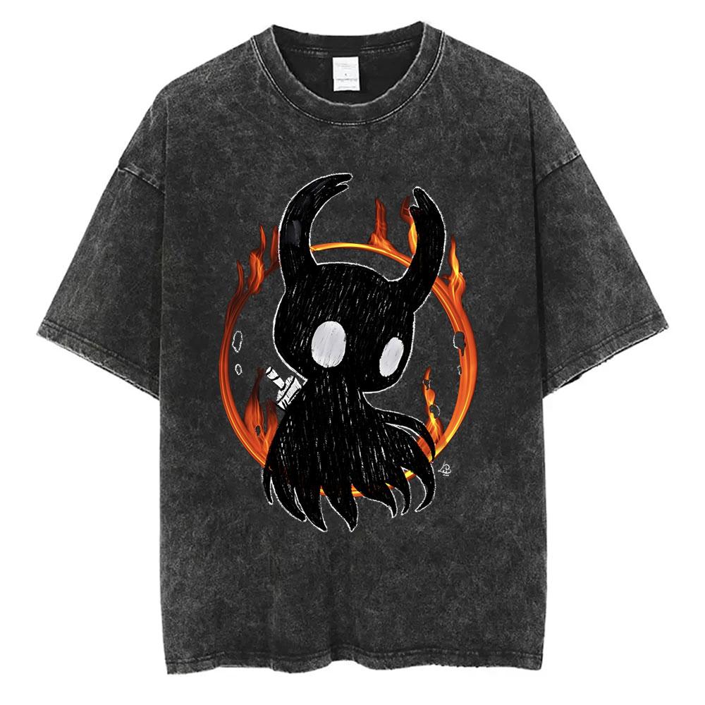 Spiel Hollow Knight Print Gewaschenes T-Shirt Herren Damen Mode Baumwoll-T-Shirts Unisex Vintage Übergroß Kurzarm T-Shirts