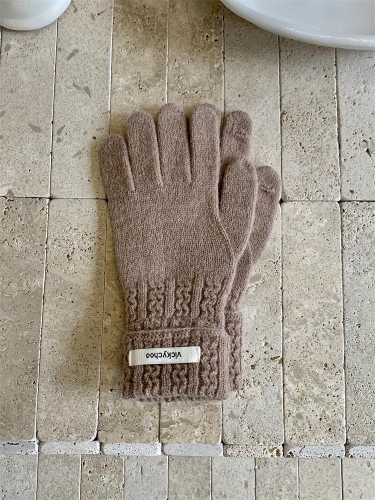 Women's Pink Wool Blend Knitted Gloves - Korean Style Cute Windproof Winter Cycling Gloves