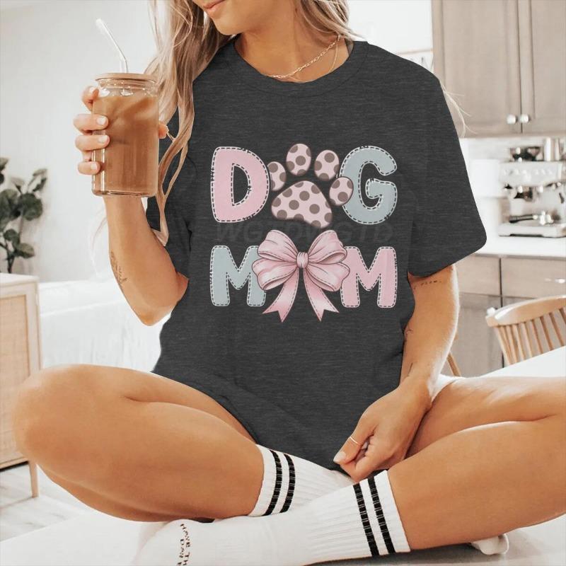 Dog Mom Graphic Crew Neck T-Shirt For Women CasualTee With Short Sleeves Pink Bow Paw Print Design Perfect For Mother's Day