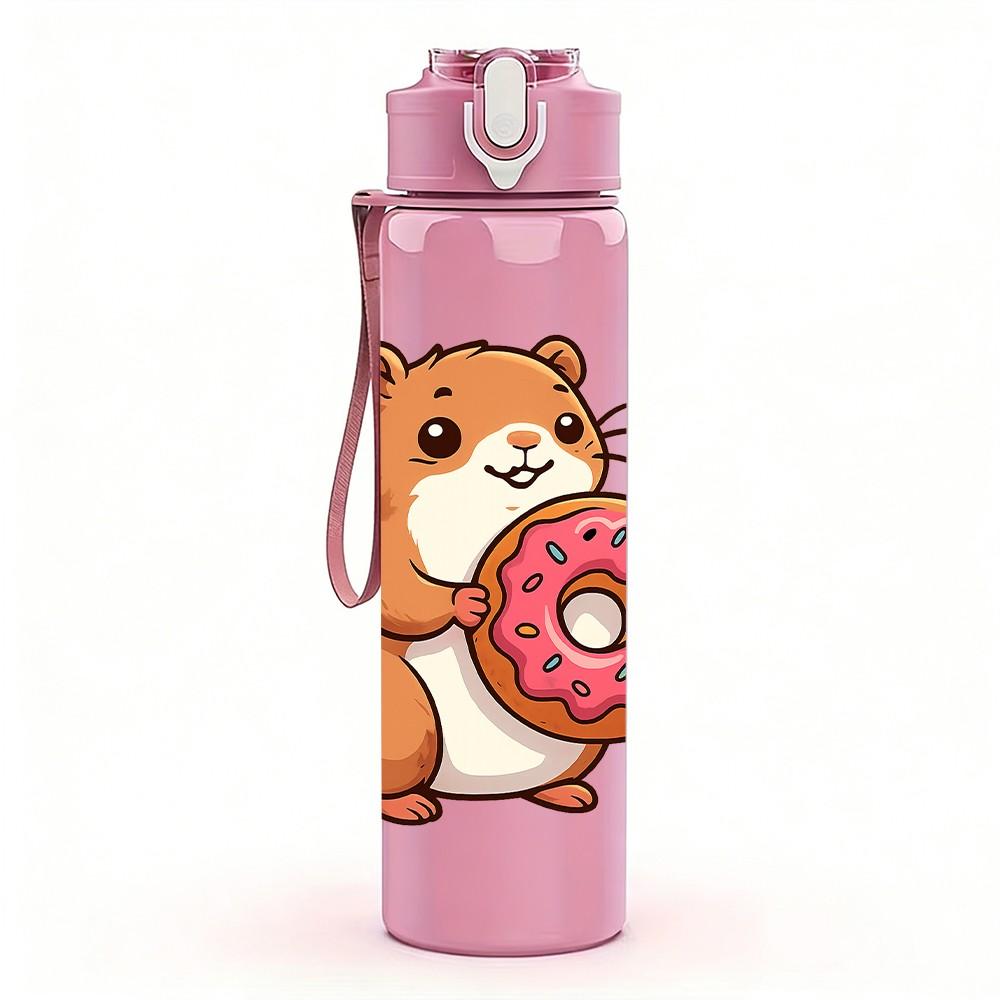 1PC Capybara Eat Donut Cute Pattern 750ml Color Plastic Sports Water Bottle Leakproof Flip Straw Lid Suitable for Sports Office Home Use
