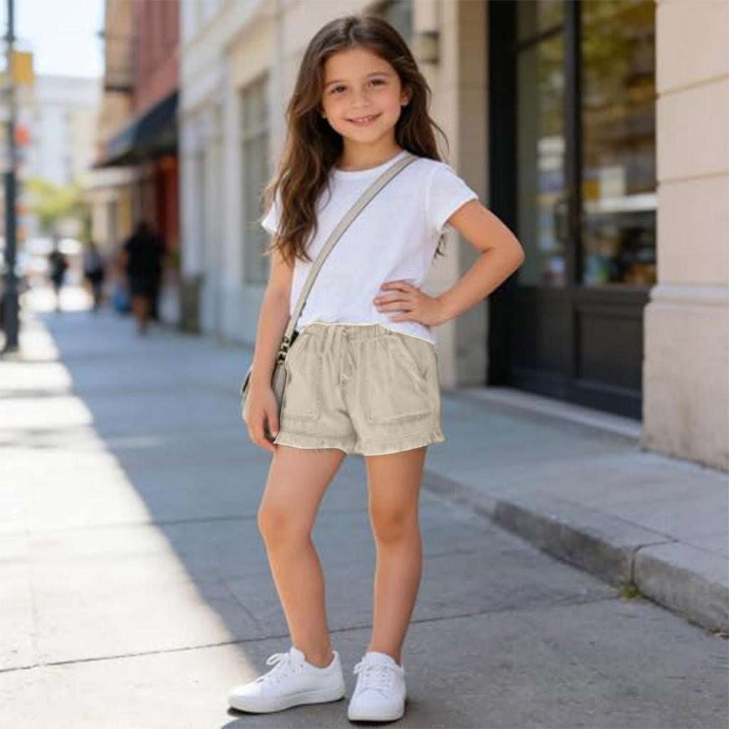 Girls Elastic Waist Casual High Waist Drawstring Shorts with Frayed Hem and Front Pockets Lightweight Soft Fabric Summer Bottoms