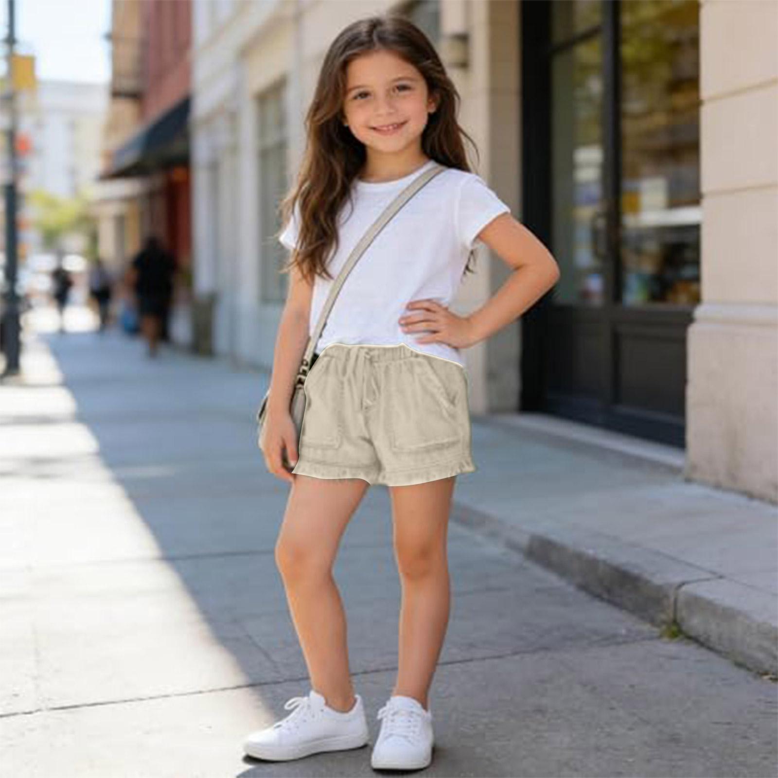 

Kids Fringe Denim Shorts - High Waist Elastic Casual Bottoms 110 бежевый