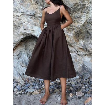 French Vacation Style Sexy Cotton Linen Tie-Back Spaghetti Strap Dress