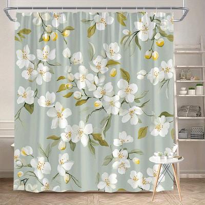 1pc Sage Green Floral Patterned Shower Curtain, Polyester Fabric, Machine Washable, with Hooks, Suitable for Bathroom Décor.