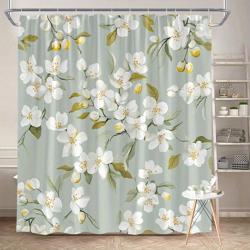 1pc Sage Green Floral Patterned Shower Curtain, Polyester Fabric, Machine Washable, with Hooks, Suitable for Bathroom Décor.