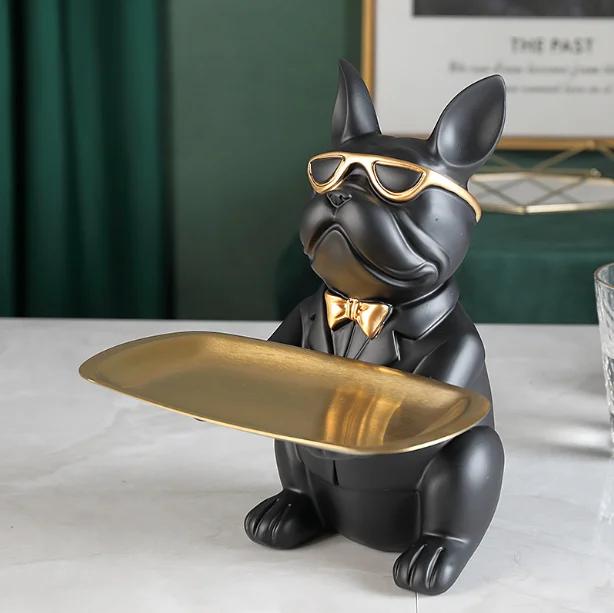 

Nordic French Bulldog Sculpture Dog Figurine Statue Key Jewelry Storage Table Decoration Gift With Plate Glasses Ornaments чорний