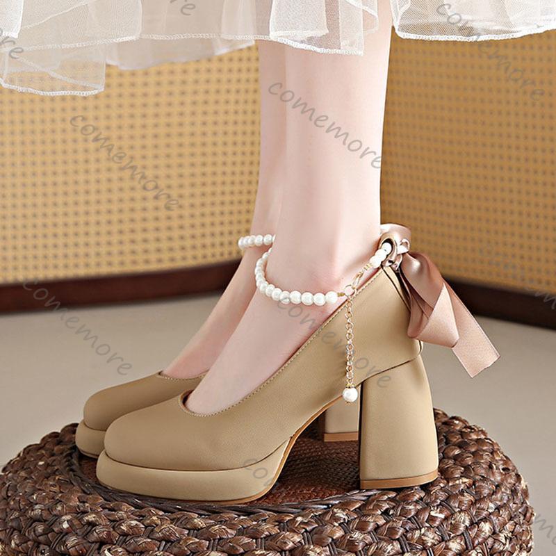 Fashion Comemore High Heels Women Mary Jane Shoes Spring Autumn Ladies Elegant Party Female Pumps Ankle Pearl Buckle Dress Women's Shoes