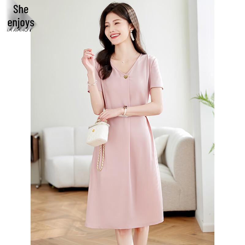 Women's Elegant Solid Short Sleeve Belted Midi Dress