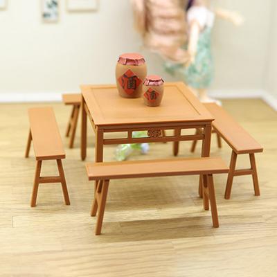 Yousheng 1 Set Miniature Dining Table Bench Vintage Mini Square Table Long Bench Model Toy DIY 1/12 Dollhouse Furniture Decoration Accessories
